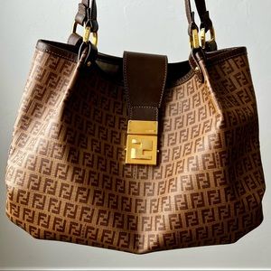 Fendi Gently Used Chiusura Tote Zucchinl Coated Canvas Medium Brown